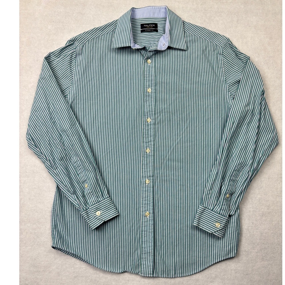 Nautica Mens Classic Fit Striped Button Down Dress Shirt Green Blue 15.5 34/35